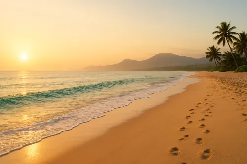 Sunny sunset over a calm tropical beach with palm trees and footprints in the sand