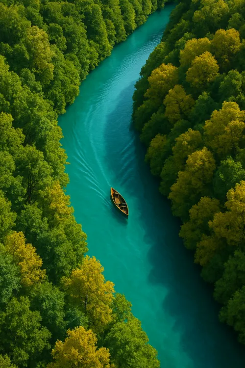 A small boat sailing on an emerald river surrounded by trees