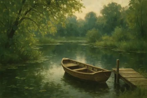 Peaceful scene: boat on the water surrounded by green trees