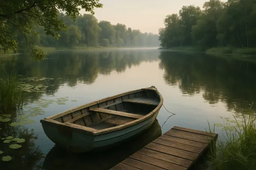 Morning landscape with trees reflecting in calm water