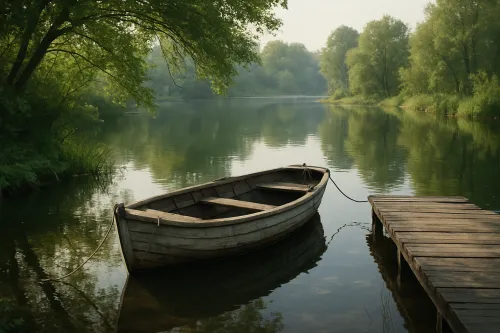 River, old wooden boat, and wooden pier against a backdrop of greenery