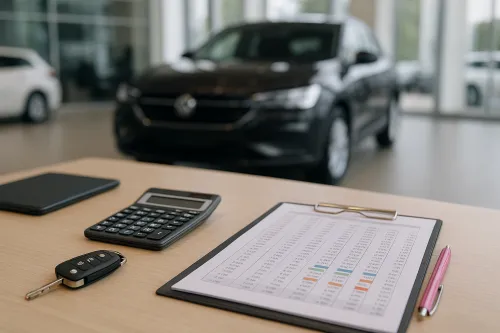 Desk with a calculator and a sheet next to a car in a dealership