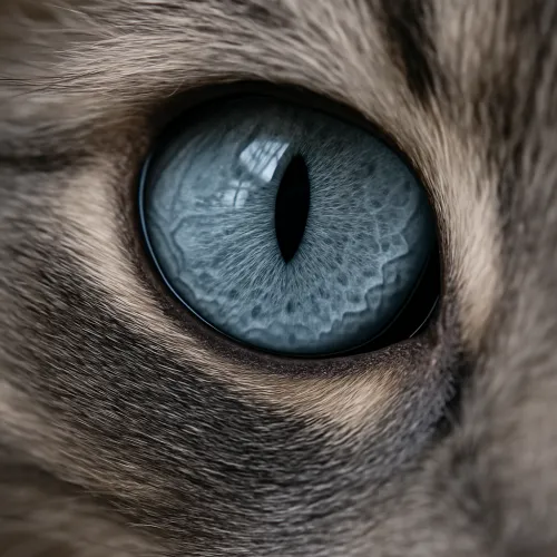 Close-up of a cat's eye with bright blue irises and a black pupil