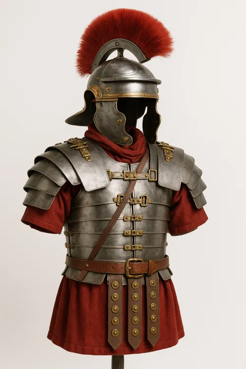 Detailed view of Roman armor with helmet and red crest