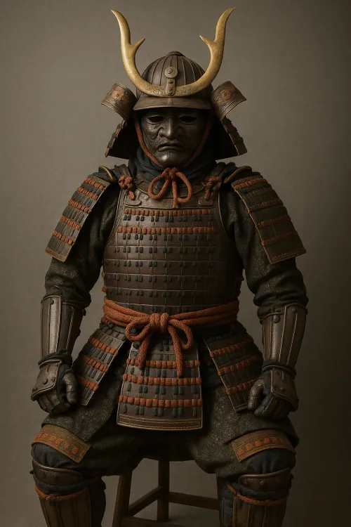 Image of a samurai in full armor with characteristic elements of Japanese culture