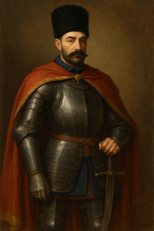 Portrait of a man in armor with a sword, wearing a red cloak