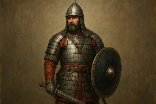 Escena histórico-militar: caballero con armadura, espada y escudo