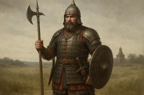 Dibujo de un guerrero con armadura medieval, con armas y escudo