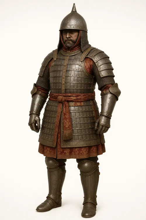 Guerrero con armadura tradicional medieval con peto y casco