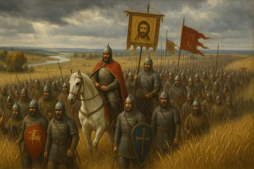 Military-historical scene with ancient Slavic warriors on the field