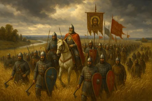 Soldiers in armor with flags and an icon against a landscape background