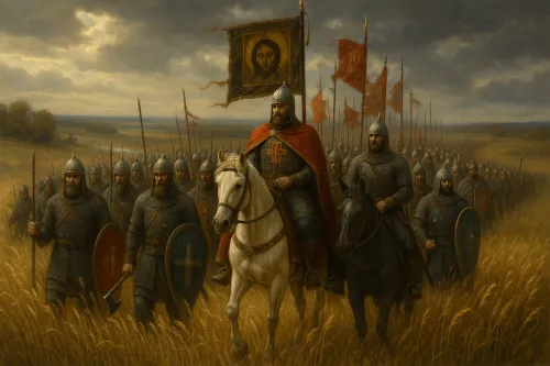 Medieval knights in armor with flags and banners against the background of fields