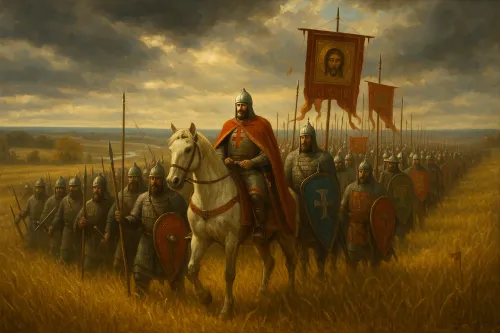 Medieval knights in armor with flags on a field background
