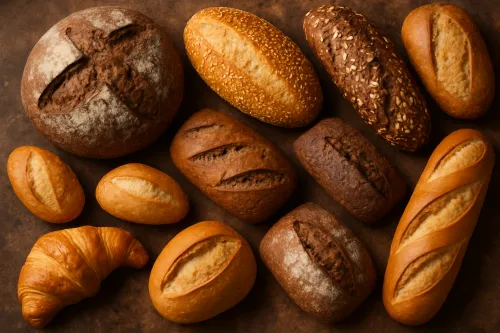 Various types of bread, including rolls and croissants, on a wooden background