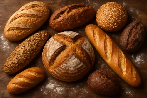 Variety of freshly baked bread products on a table