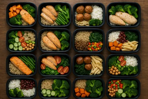 Contenedores con platos variados y vegetales para una alimentación saludable