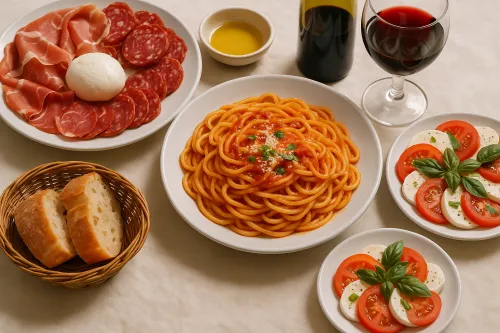 Traditional Italian dish with pasta and appetizers on the table