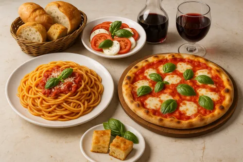 Table with Italian pasta, pizza, salad, and bread