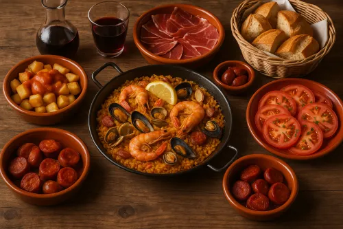 A dining table set with paella, appetizers, and drinks