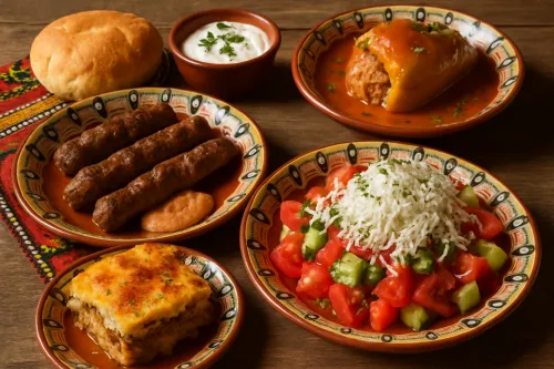 Assortment of traditional Balkan dishes on a wooden table
