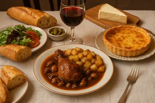 Traditional meal with chicken, potatoes, salad, and bread