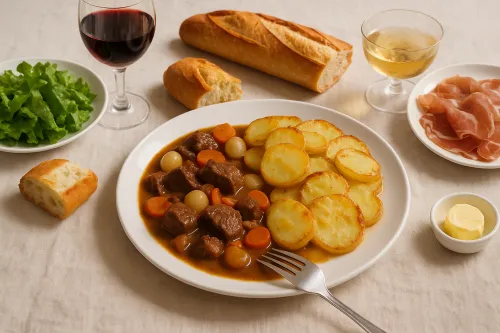 Plate with meat stew, fried potatoes, and side dishes