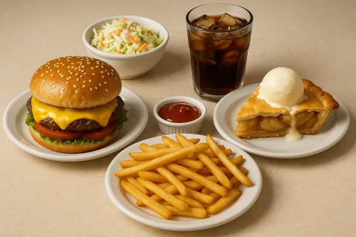 Plated lunch with hamburger, french fries, and dessert