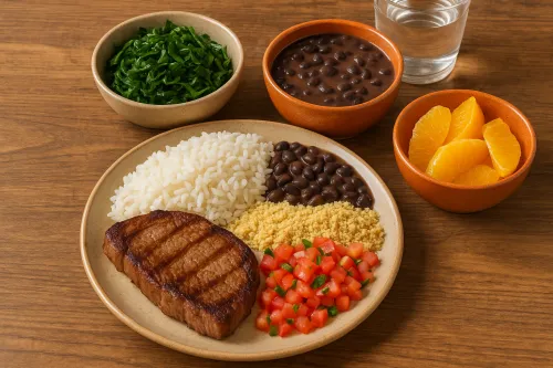 Plato con filete a la parrilla, arroz, frijoles y verduras