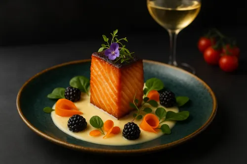 Un trozo cuadrado de salmón sobre una salsa con verduras y bayas