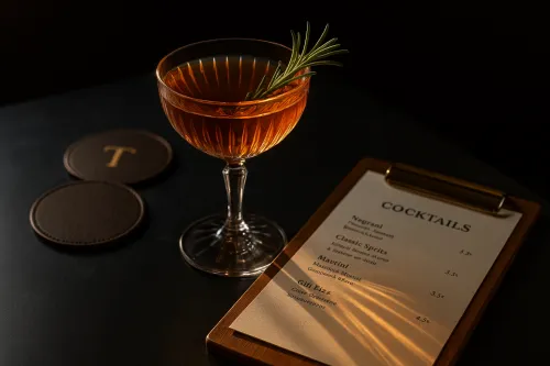 Cóctel con romero y menú sobre la mesa en un bar