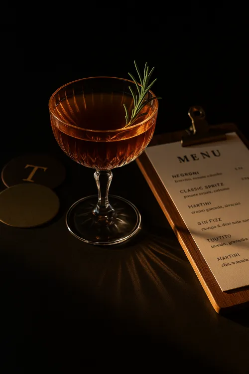 Glass with cocktail on a black background, next to menu and coasters