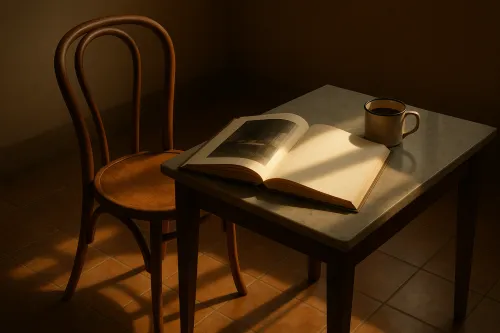 Светлый стол с открытой книгой и чашкой на фоне деревянного стула