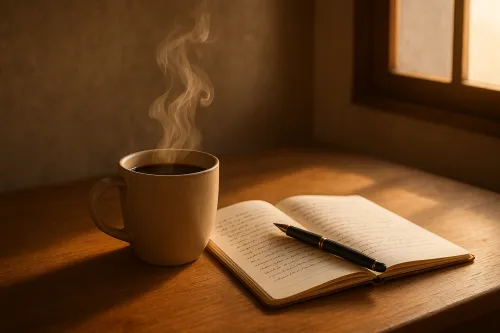 Taza de café caliente y cuaderno abierto con bolígrafo sobre una mesa de madera