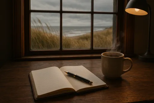 Escritorio junto a la ventana con vista al mar y té caliente