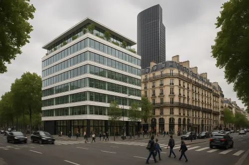 Fachadas de edificios modernos e históricos en una intersección en París