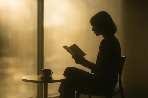 Силуэт человека, читающего книгу, с чашкой кофе на столе