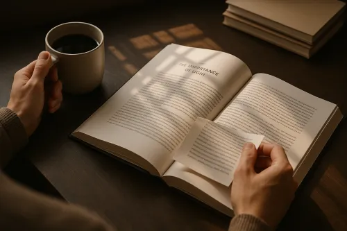 Человек держит чашку кофе рядом с открытой книгой