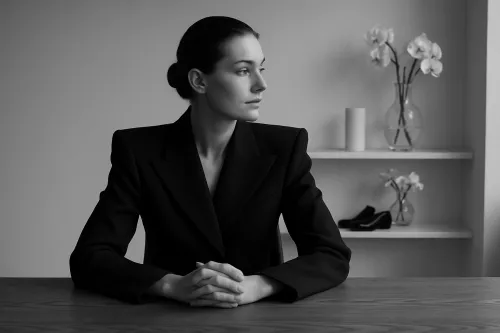 A woman in a black business suit sits at a table with flowers in the background