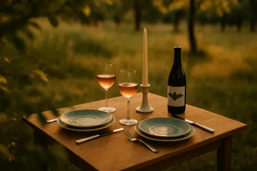 Ambientación para una atmósfera romántica con vino y decoración en la mesa
