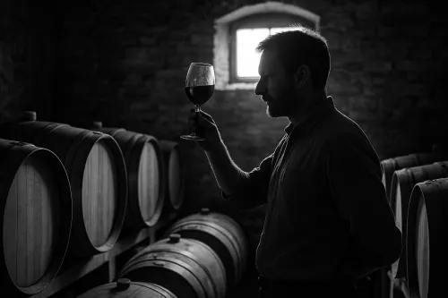 Silhouette of a man exploring wine in a dark cellar