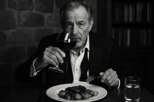 A man in a tuxedo enjoying dinner with red wine