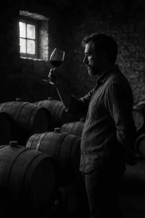 Portrait of a man examining wine among barrels in a winery