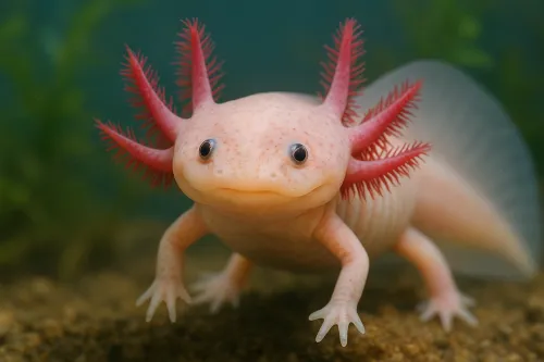 Axolotl with pink gills in an aquarium, swimming around