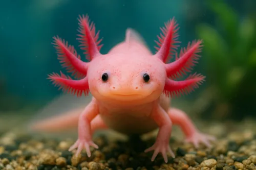 Photo of an axolotl with bright pink coloration in an aquarium setting