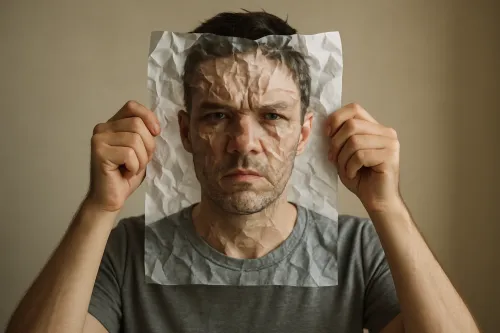 A person holding a crumpled piece of paper in front of their face with distorted features