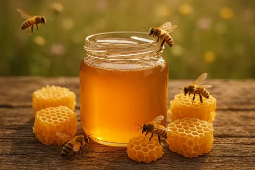 Bees around a jar of honey and honeycombs on a wooden surface
