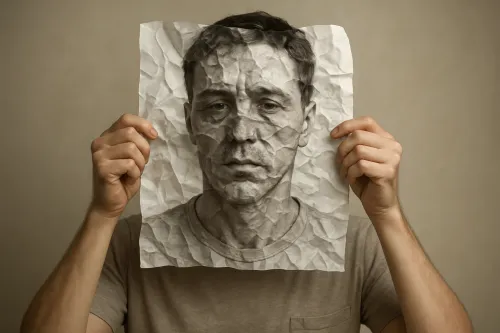 Trabajo creativo con la imagen de una persona en una hoja de papel arrugado