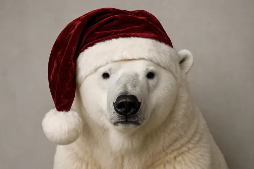 Polar bear with a Christmas hat looking at the viewer