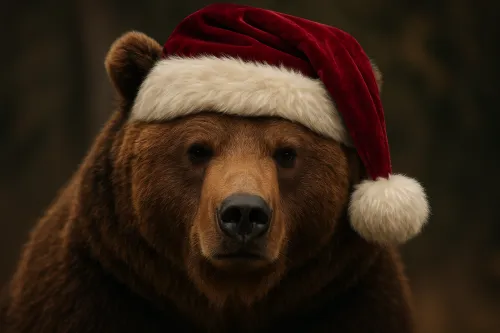 Primer plano de un oso con un hermoso gorro navideño frente al bosque
