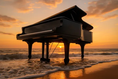 El piano está en la playa entre las olas durante el atardecer